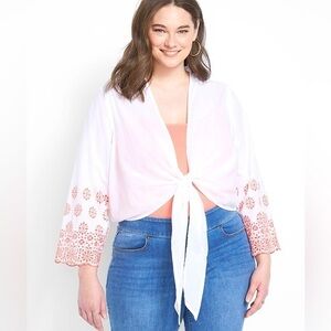 [Lane Bryant] 100% Cotton Coral Embroidered Eyelet Wrap Tie Front Top